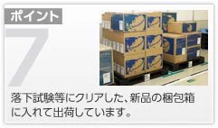 ポイント7 落下試験等にクリアした、新品の梱包箱に入れて出荷しています。